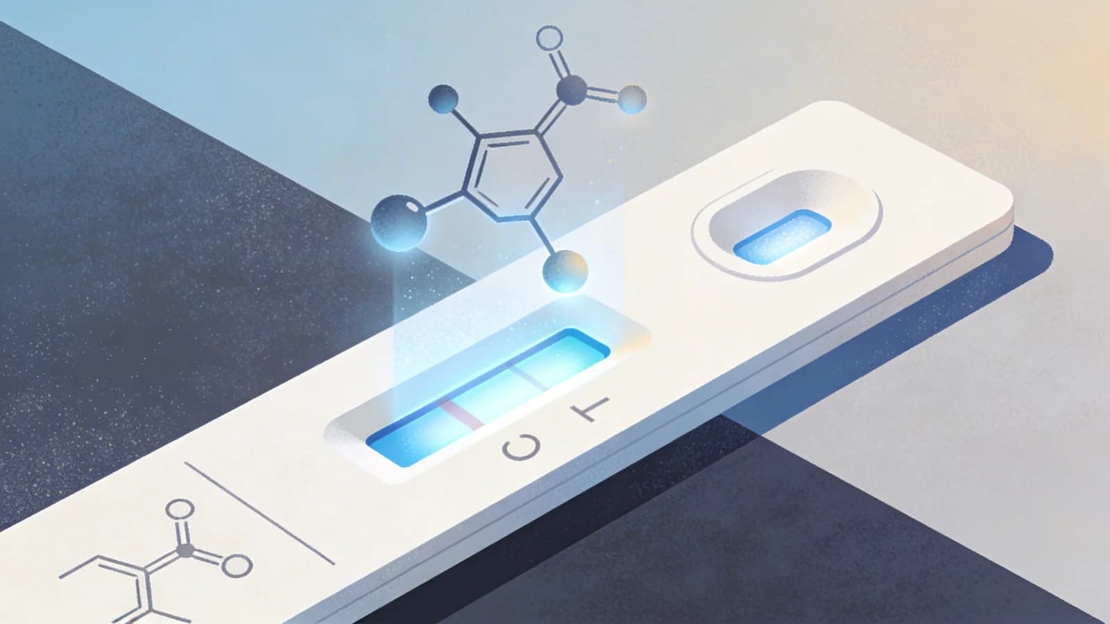 Minimalist editorial illustration showing lateral flow test strip with molecular structures and glowing detection zones in muted blue and steel tones