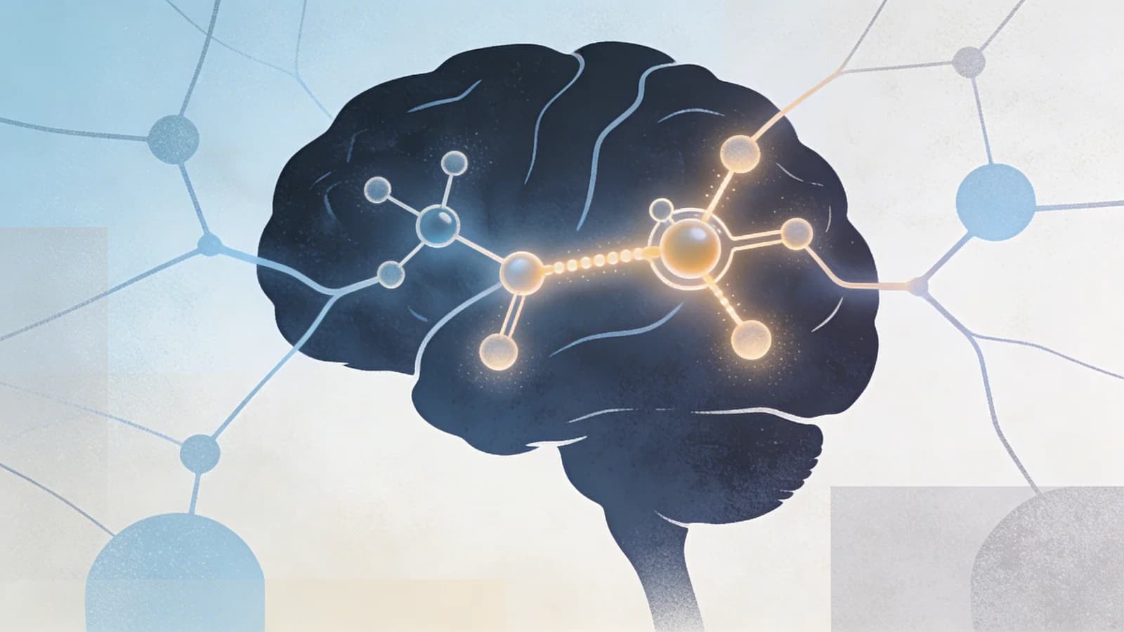 Minimalist editorial illustration of brain reward pathway with molecular structures and dopamine signaling in muted blue and steel tones