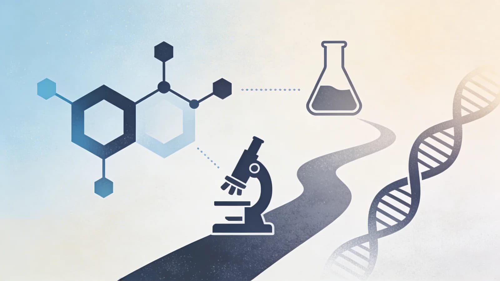 Clean editorial illustration of molecular structure with DNA helix and laboratory flask silhouettes in soft blues and warm whites