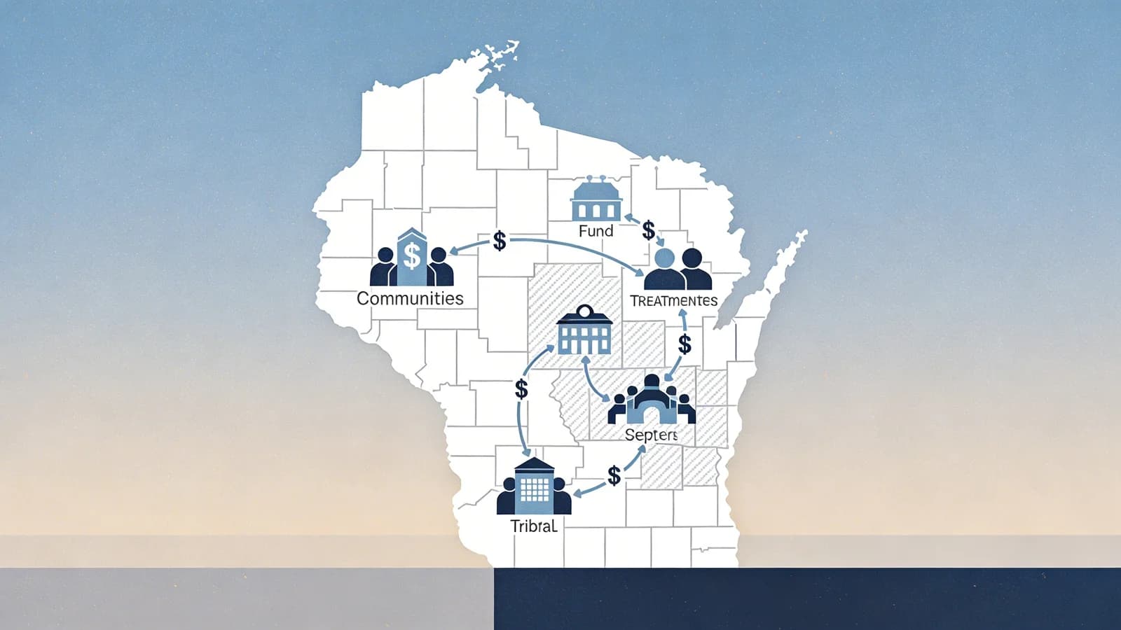 Clean editorial illustration showing Wisconsin state map with funding network flowing to communities, treatment centers, and tribal nations in muted blue and steel tones