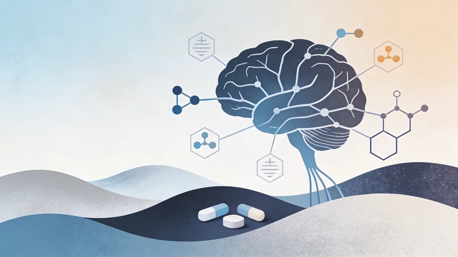Clean editorial illustration showing brain pathways with neurotransmitter balance restoration, molecular structures of mirtazapine, and calming neural patterns in muted blues and soft grays
