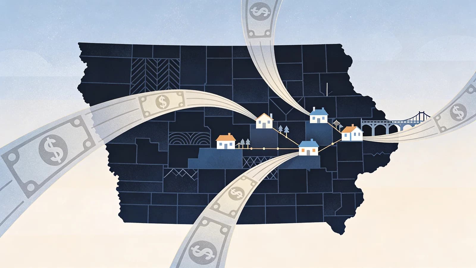 Iowa state map with funding network visualization showing opioid settlement dollars flowing to communities