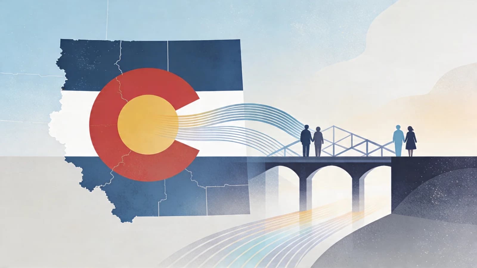 Clean editorial illustration showing Colorado state map with funding flow patterns and bridge connecting communities in muted blue and steel tones