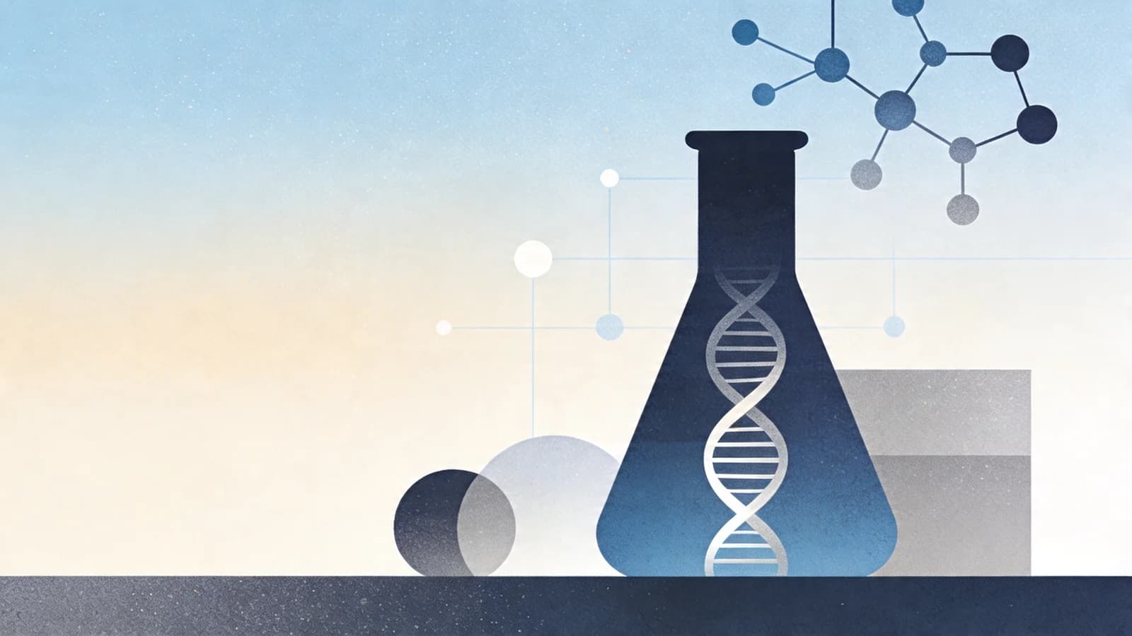 Clean editorial illustration showing laboratory flask silhouette with DNA helix and geometric shapes in muted blue and steel tones