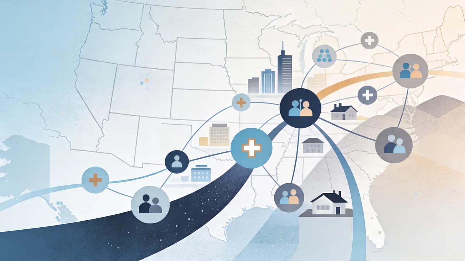 Abstract visualization of healthcare access expansion with medical network connections and pathway symbols