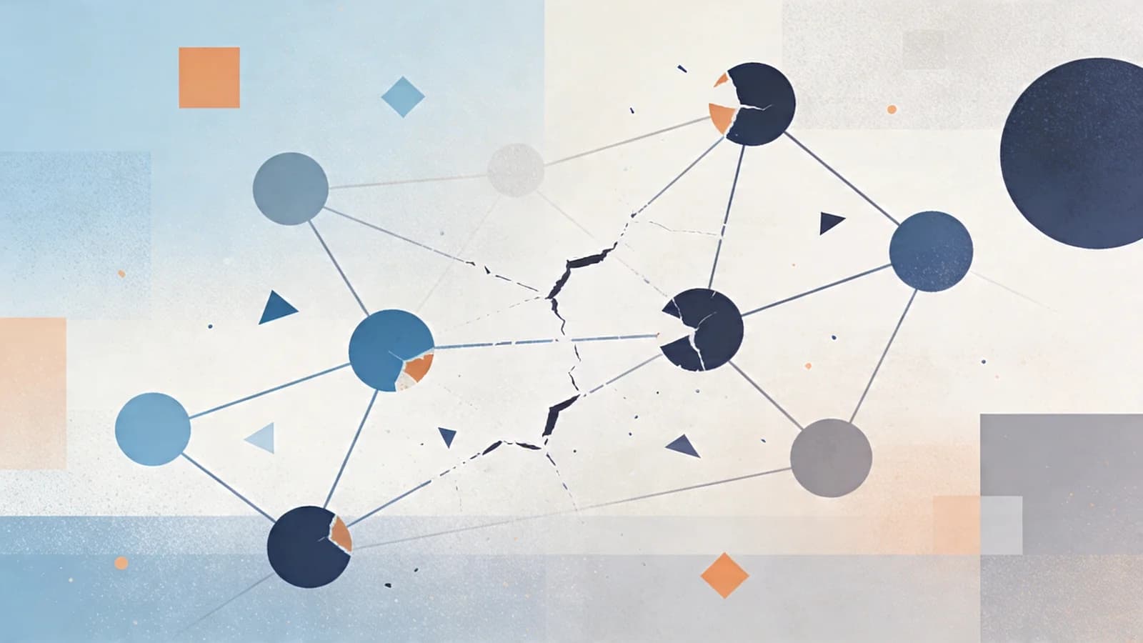 Abstract visualization of funding network disruption with broken connections and warning symbols