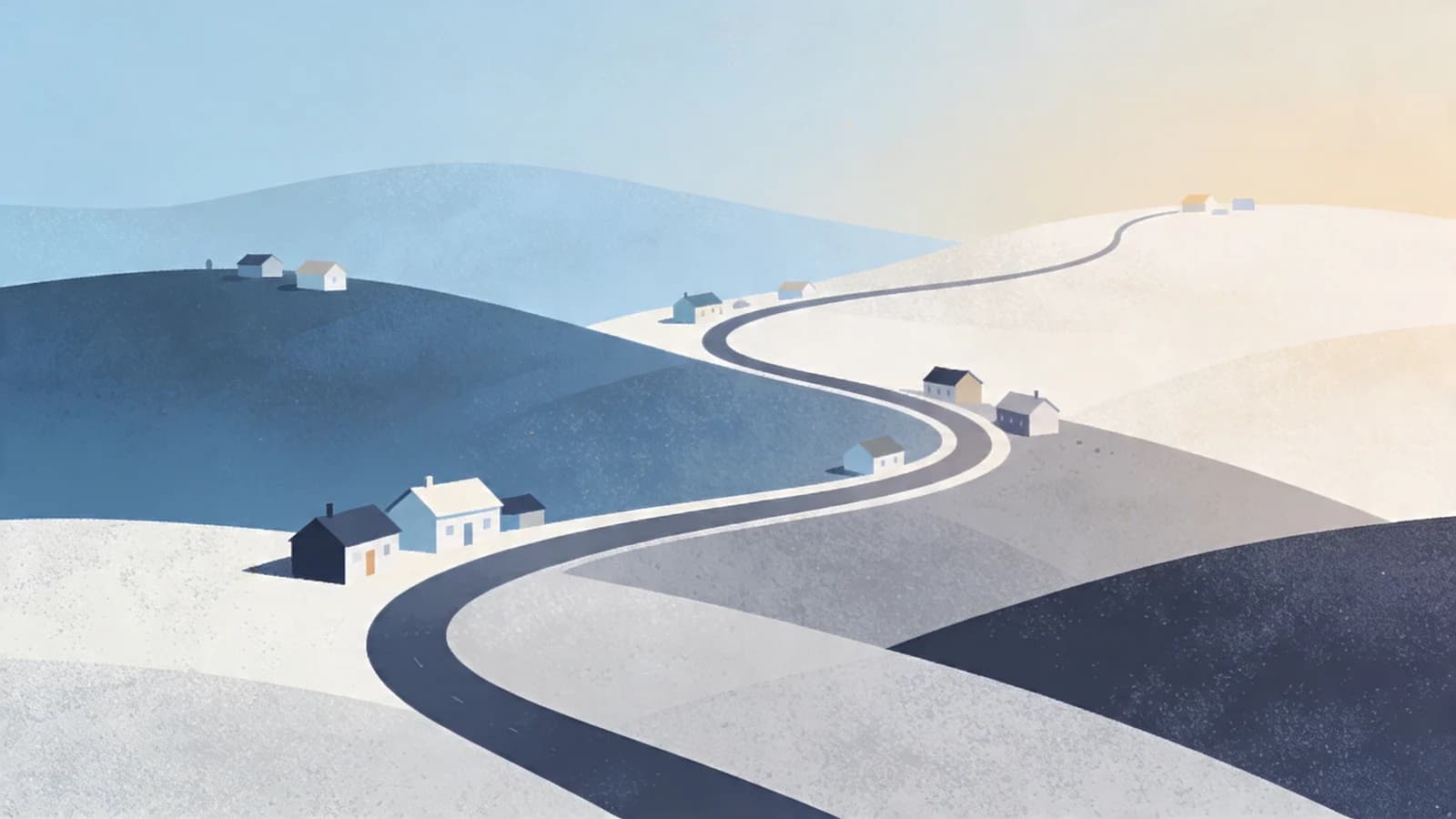 Minimal editorial illustration of a rural landscape with a winding road connecting small communities, symbolizing mental health care access gaps