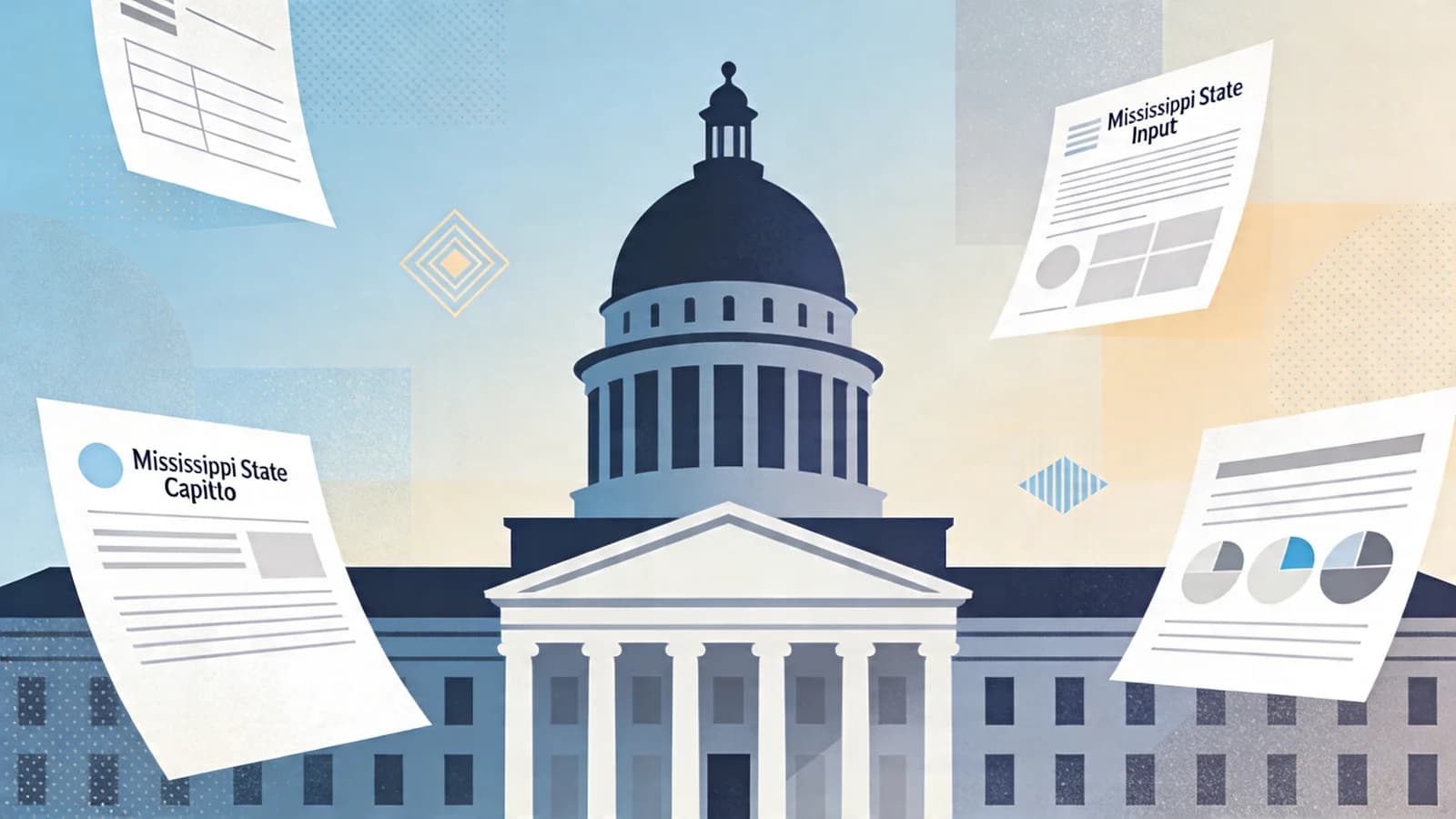 Mississippi State Capitol building with documents and community input forms representing the opioid settlement decision process