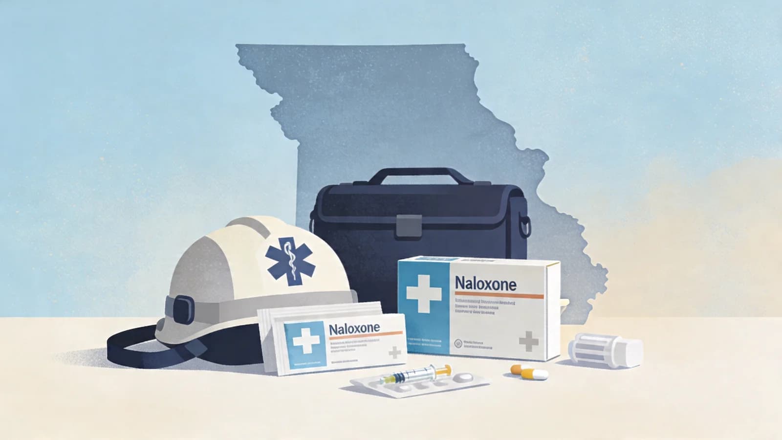 Emergency medical supplies and naloxone kits arranged on a table representing harm reduction efforts