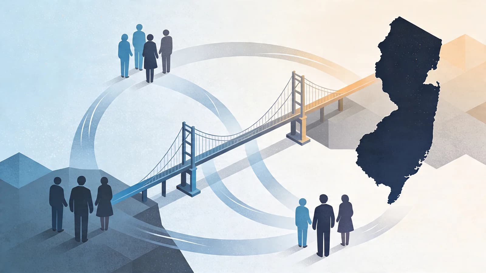 Abstract illustration of bridge connecting communities with flowing support networks