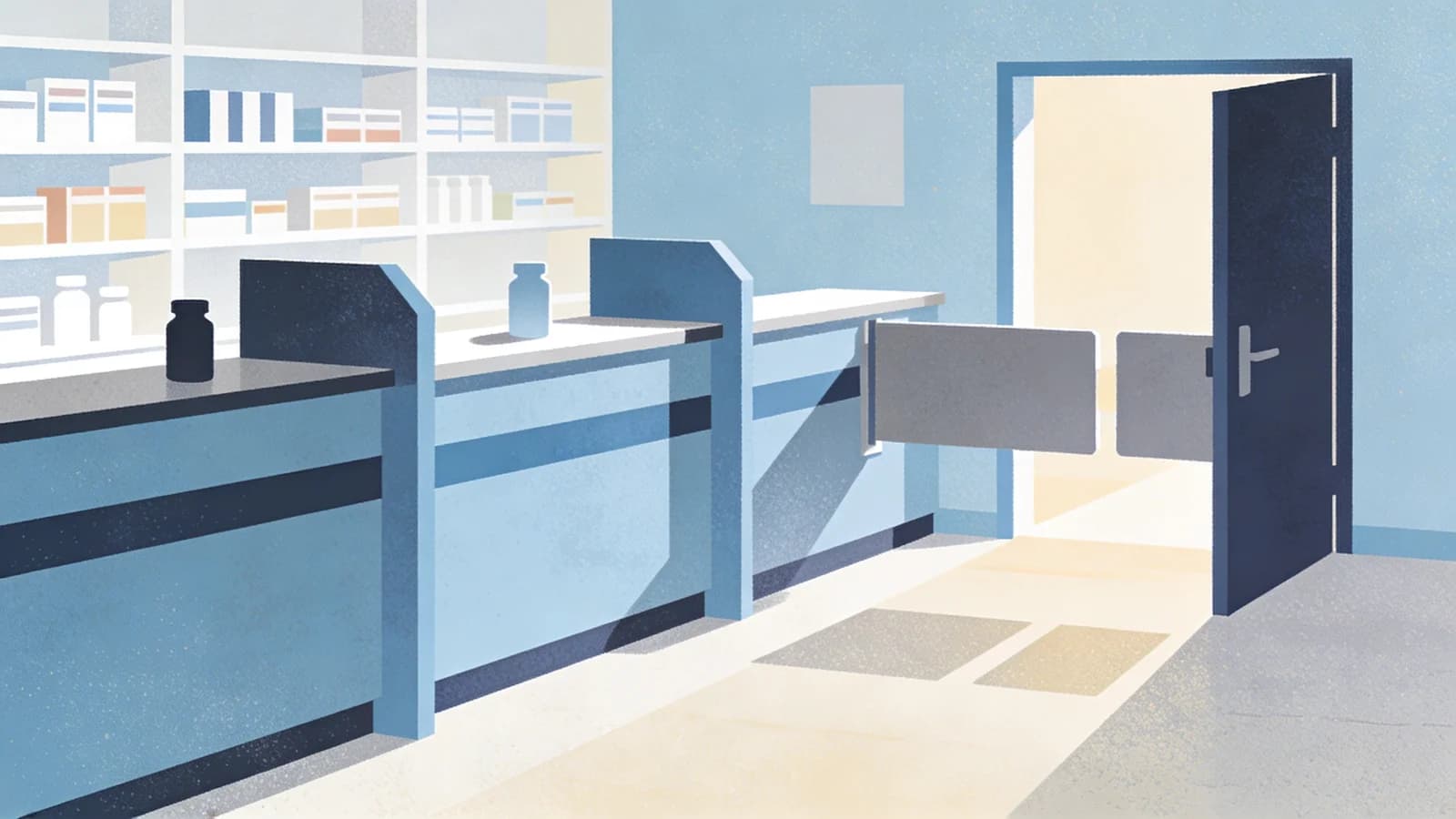 Pharmacy counter with prescription barrier concept, clean editorial illustration showing access gap in medication-assisted treatment