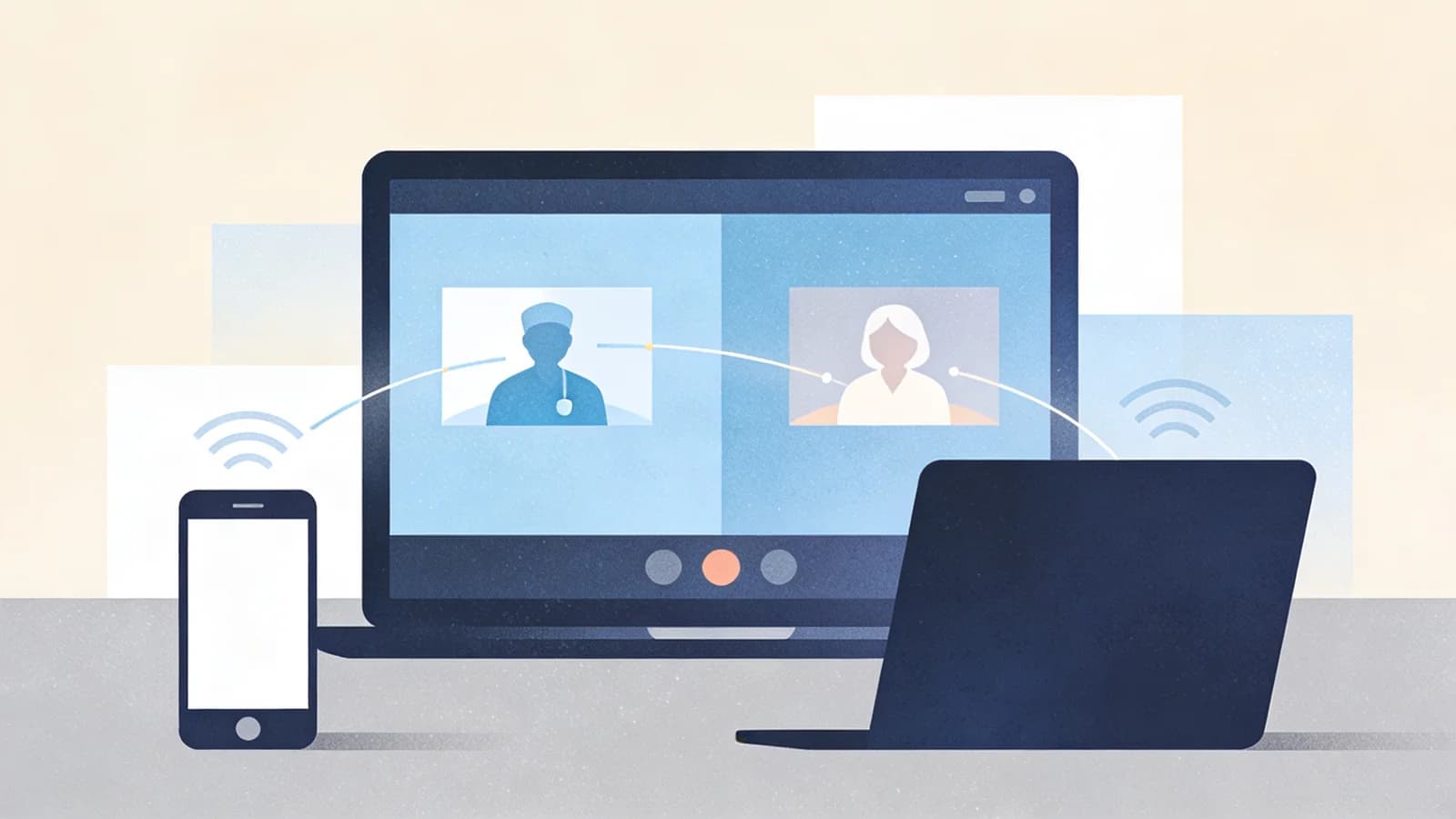 Abstract illustration of telehealth connection between patient and provider with medical symbols