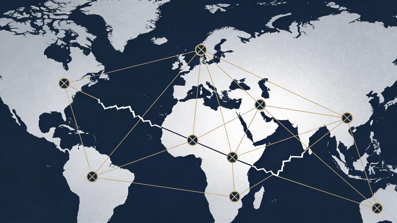 Clean editorial illustration showing global supply chain disruption, interconnected nodes across continents, and sanctions symbols in muted diplomatic tones