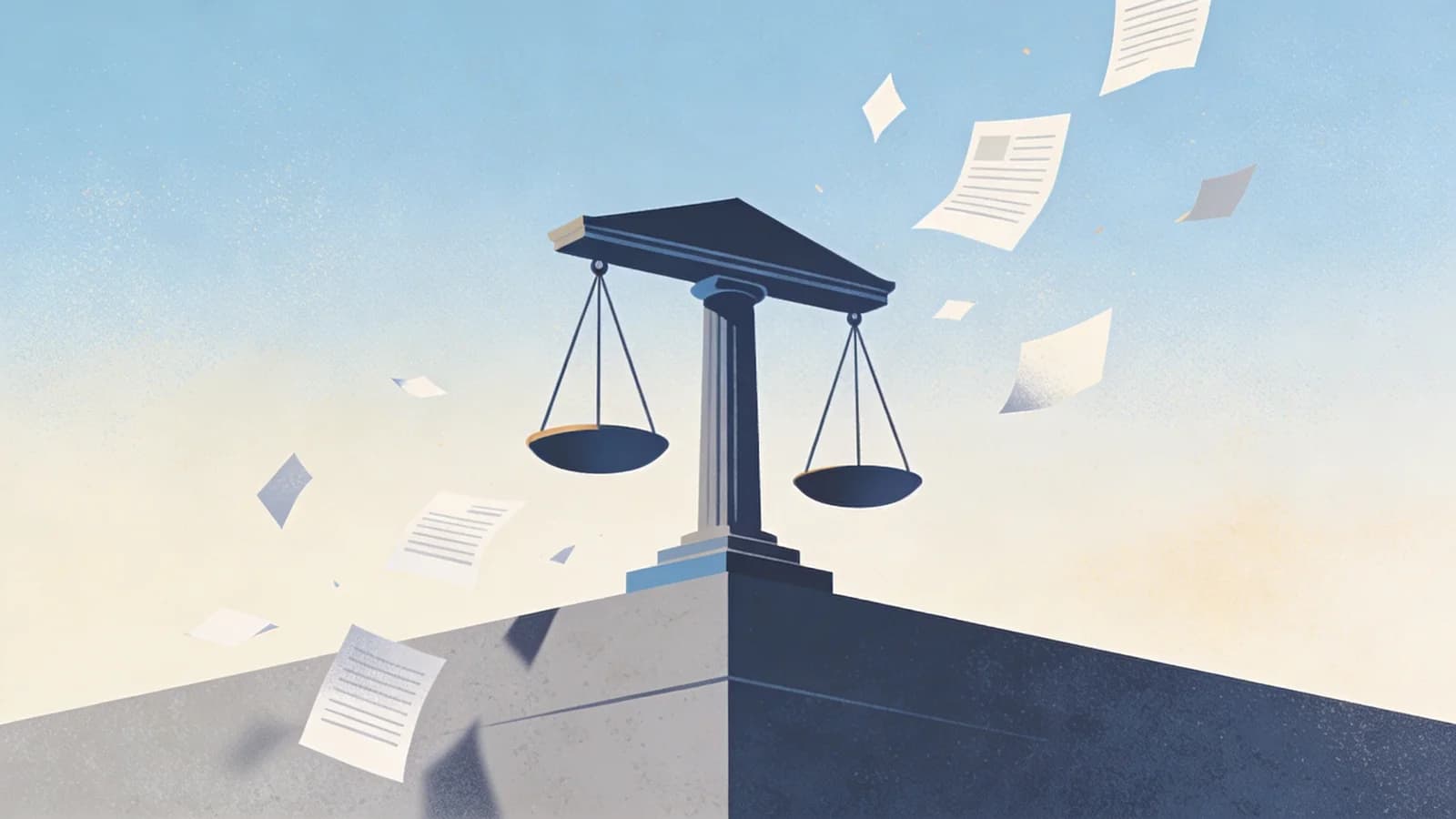 Abstract illustration of courthouse scales with fragmented documents representing excluded victims
