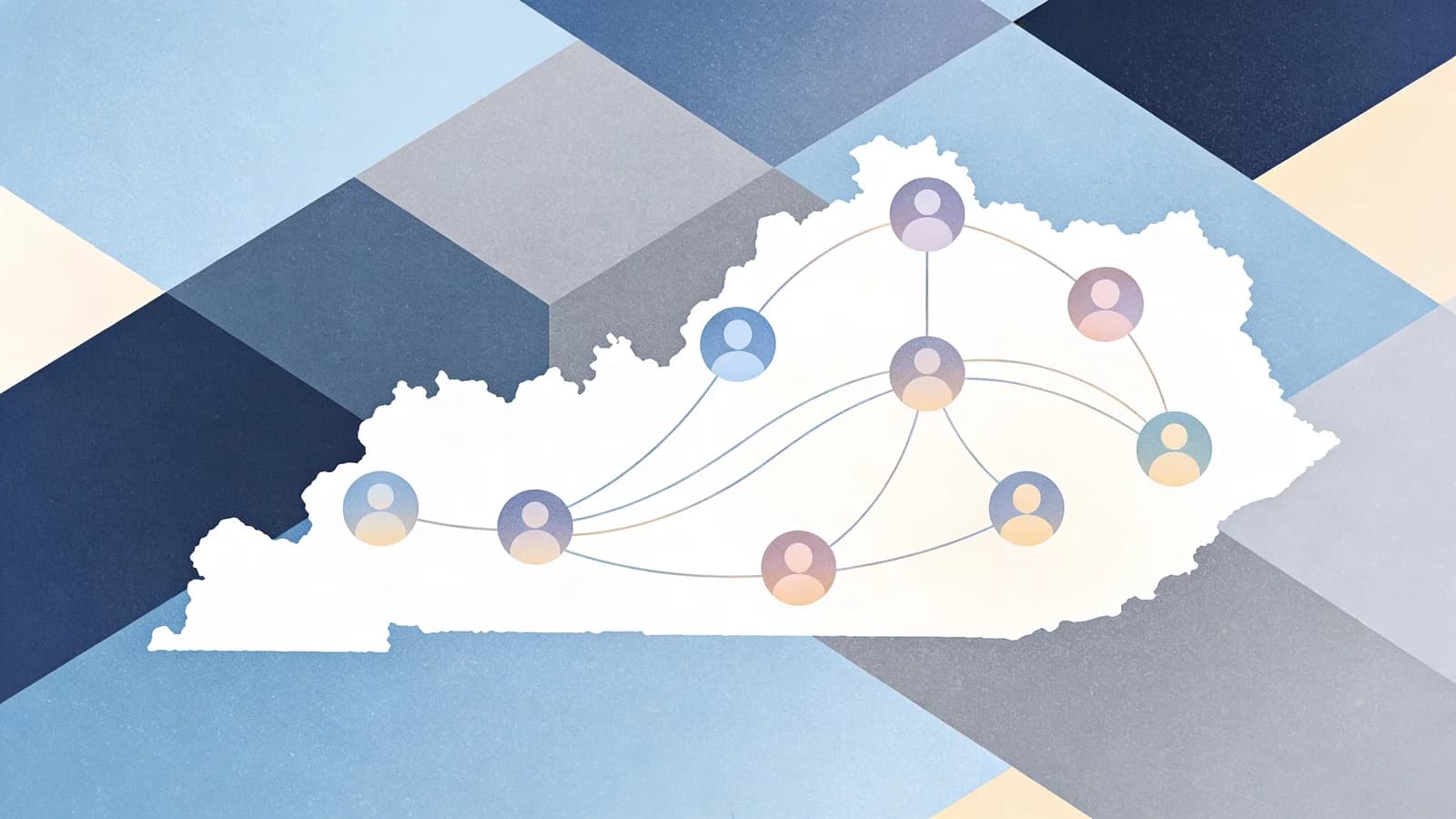 Abstract geometric illustration showing interconnected networks of community support and funding flow for opioid crisis response