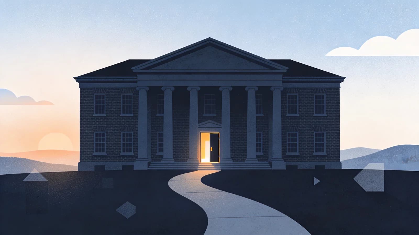 Historic VA medical building at sunrise with pathway leading to open door, representing veterans recovery services in Maine