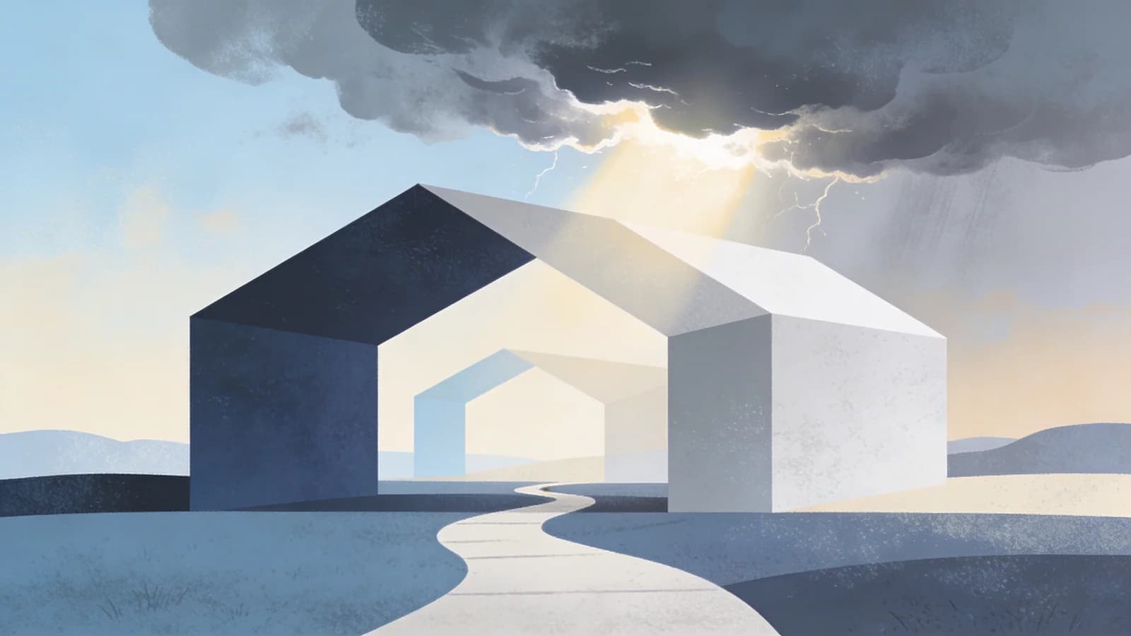 Emergency response scene with medical supplies and storm aftermath