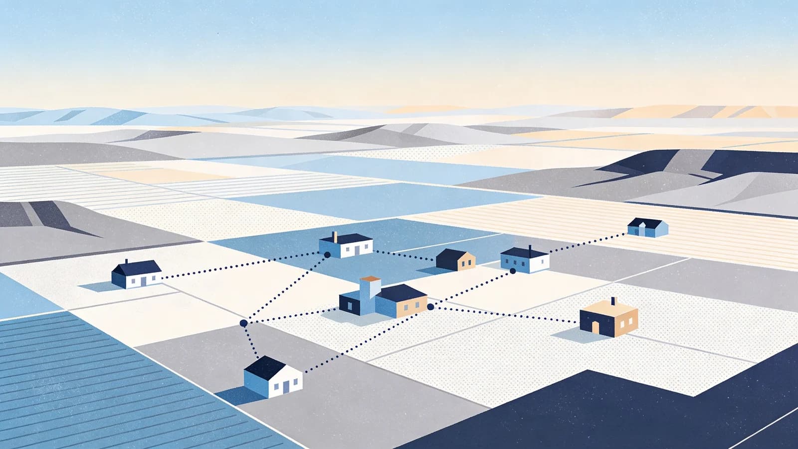 Abstract illustration of rural landscape with scattered community buildings and connecting pathways