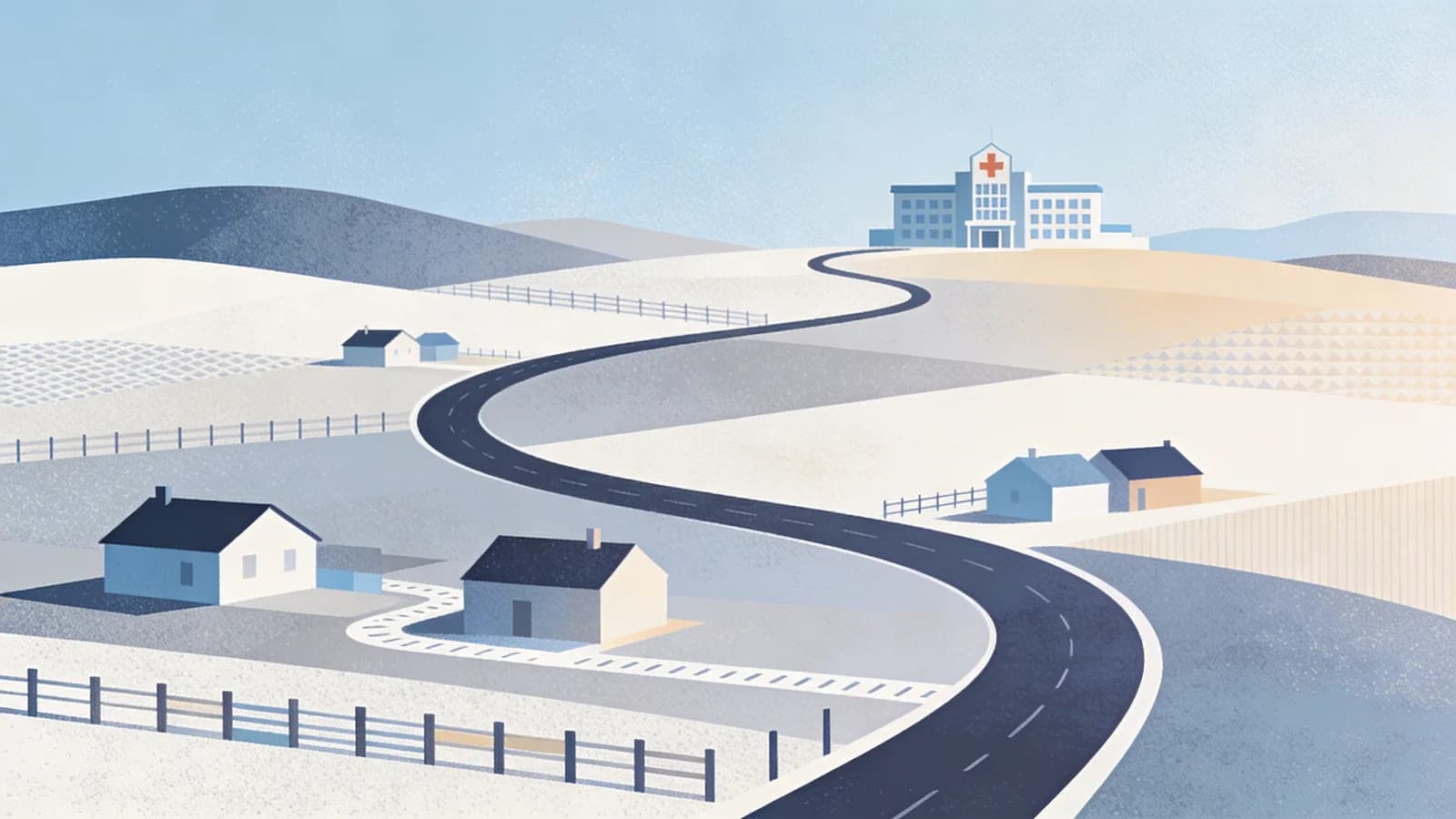 Abstract illustration of a winding road connecting rural communities to distant healthcare facilities