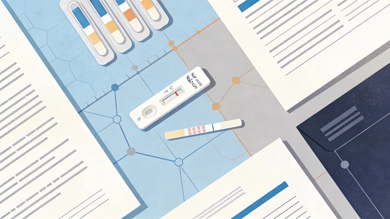 Abstract illustration of policy documents and harm reduction supplies with muted editorial colors