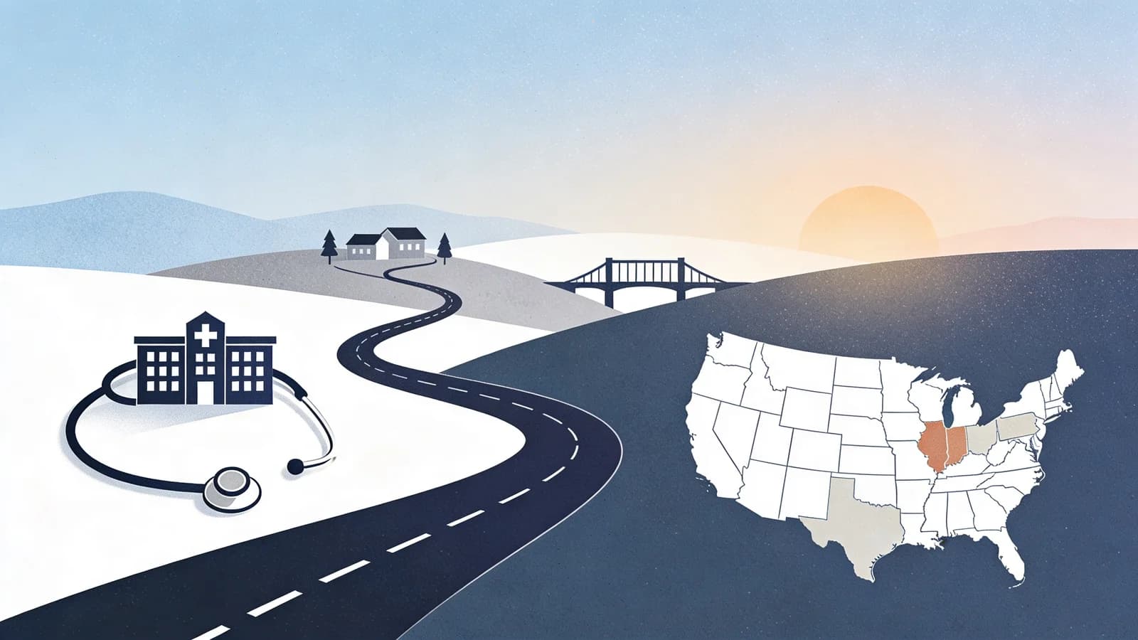 Abstract illustration of rural healthcare workforce shortage and provider access