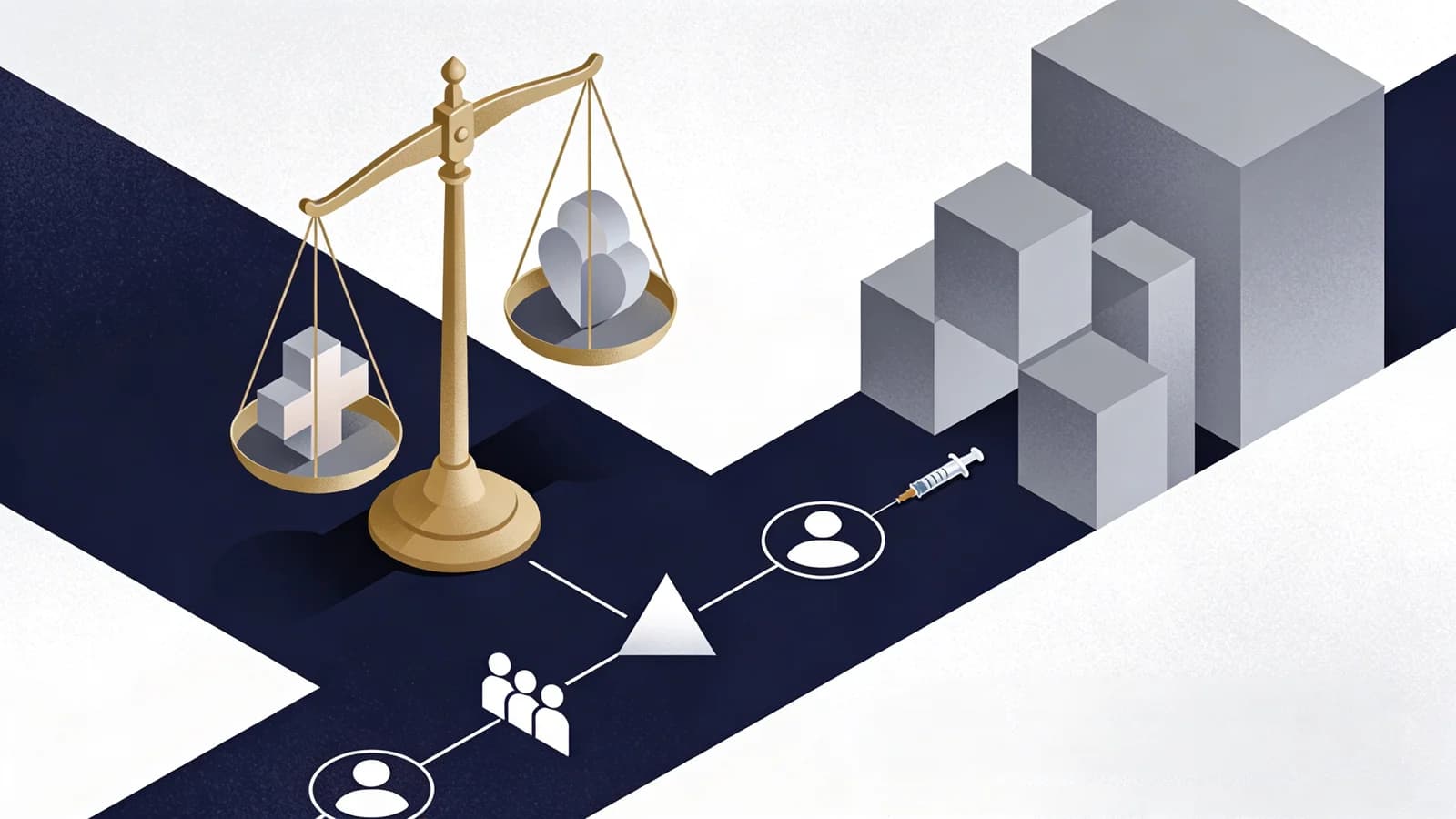 Clean editorial illustration showing scales of justice balancing community healing and corporate accountability, pathway of recovery in muted legal and hopeful tones