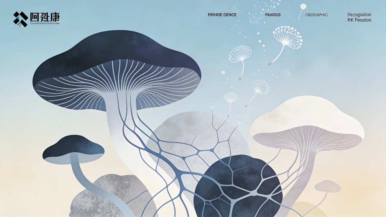 Abstract illustration of organic mushroom forms merging with neural pathways representing…