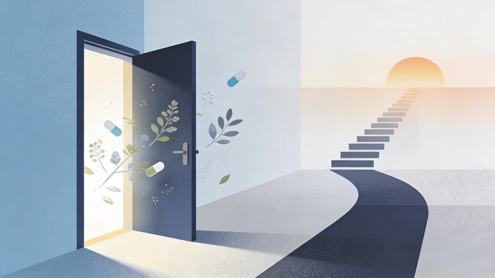 Abstract representation of breaking free from addiction with open door and botanical elements