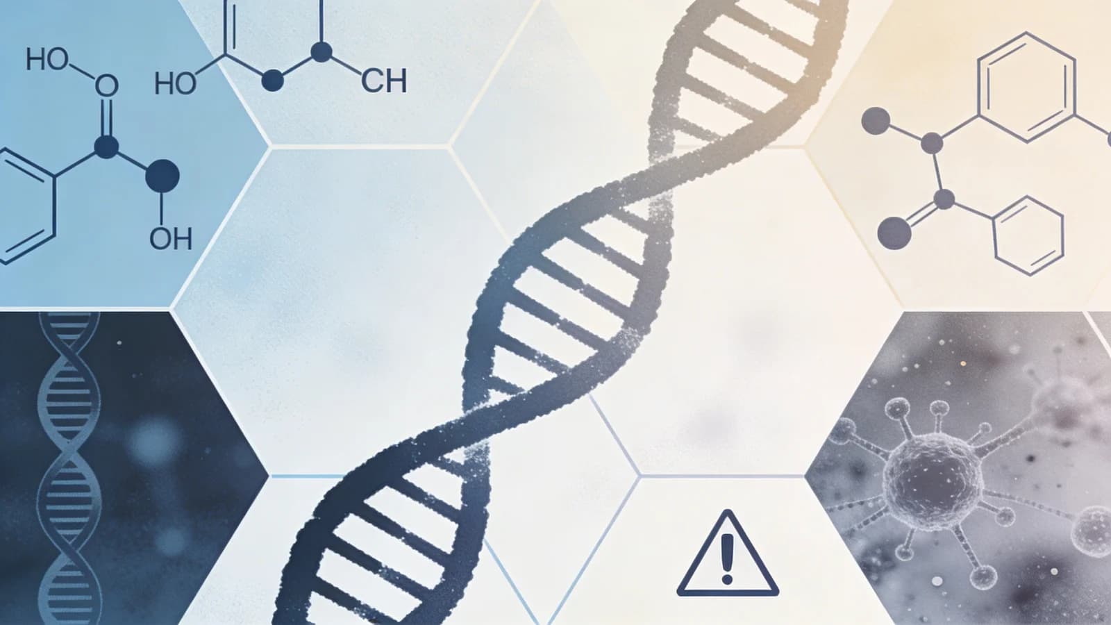 Clean editorial illustration of molecular structures and warning symbols, muted blue and gray…