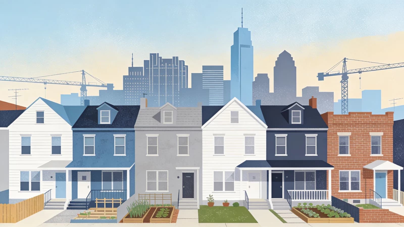 Clean editorial illustration of Philadelphia cityscape with community rebuilding elements, muted…