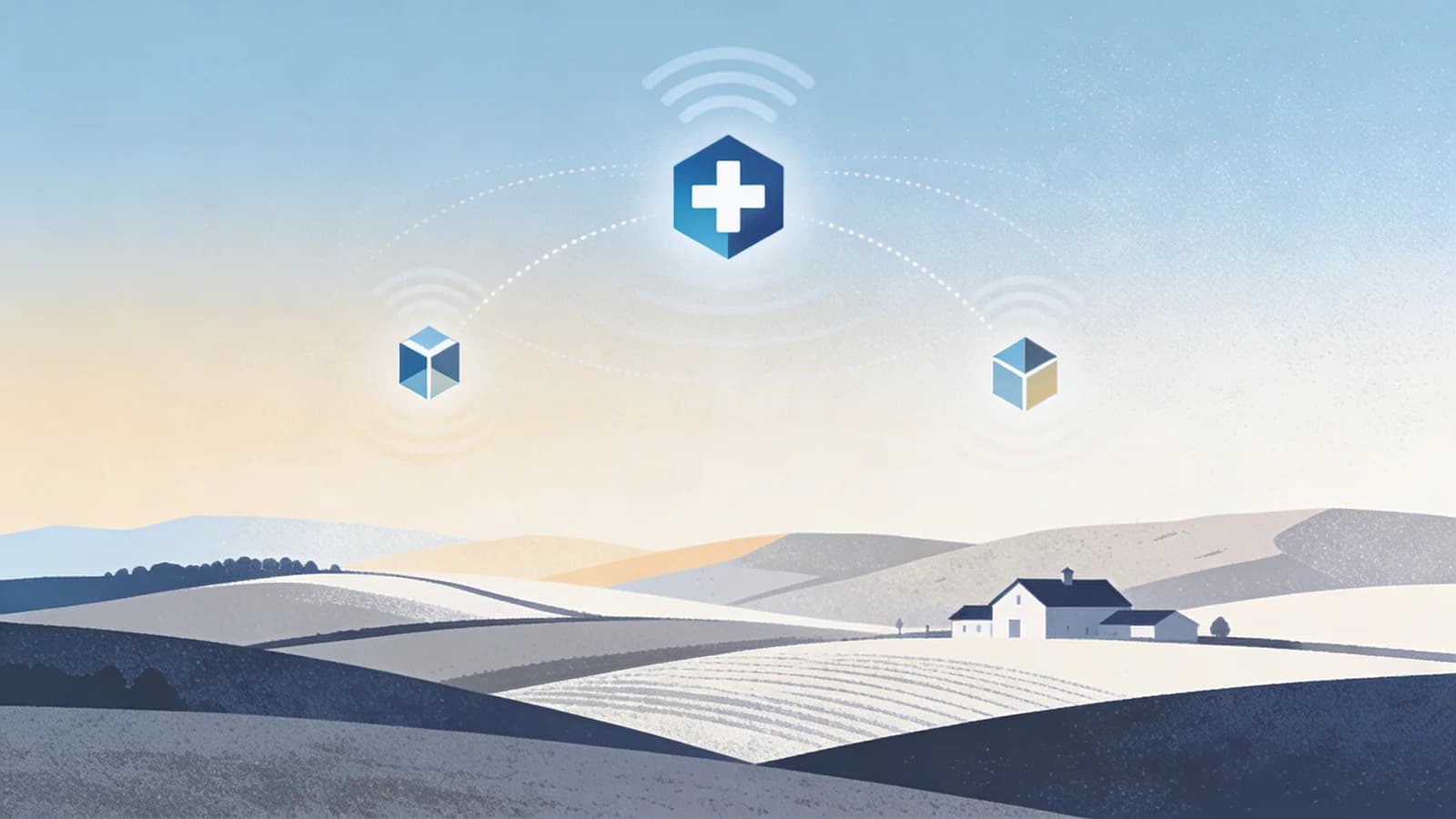 Rural landscape with telehealth connection symbols showing limited network reach and healthcare…