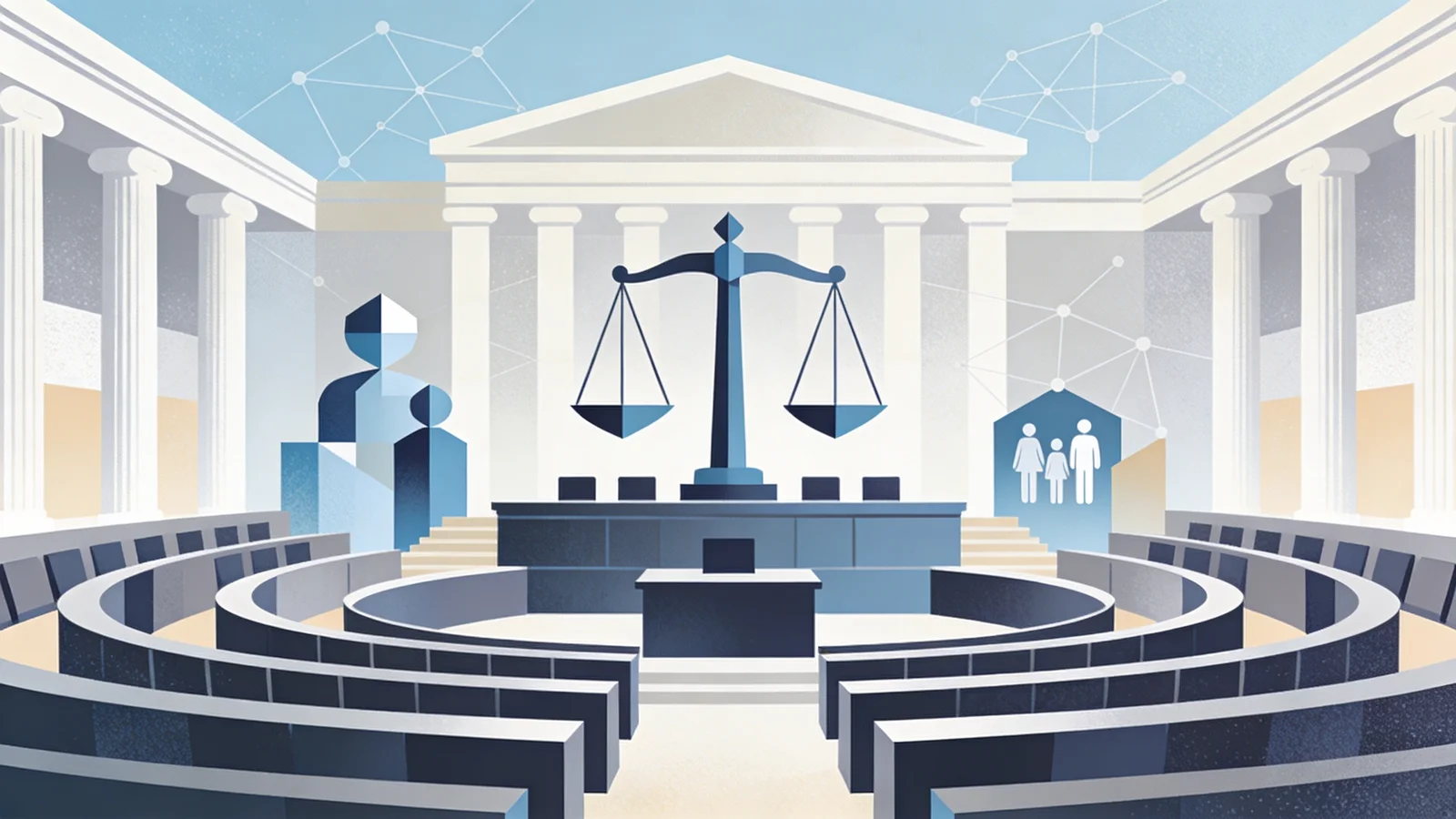 Legislative chamber with symbolic scales of justice and community health elements