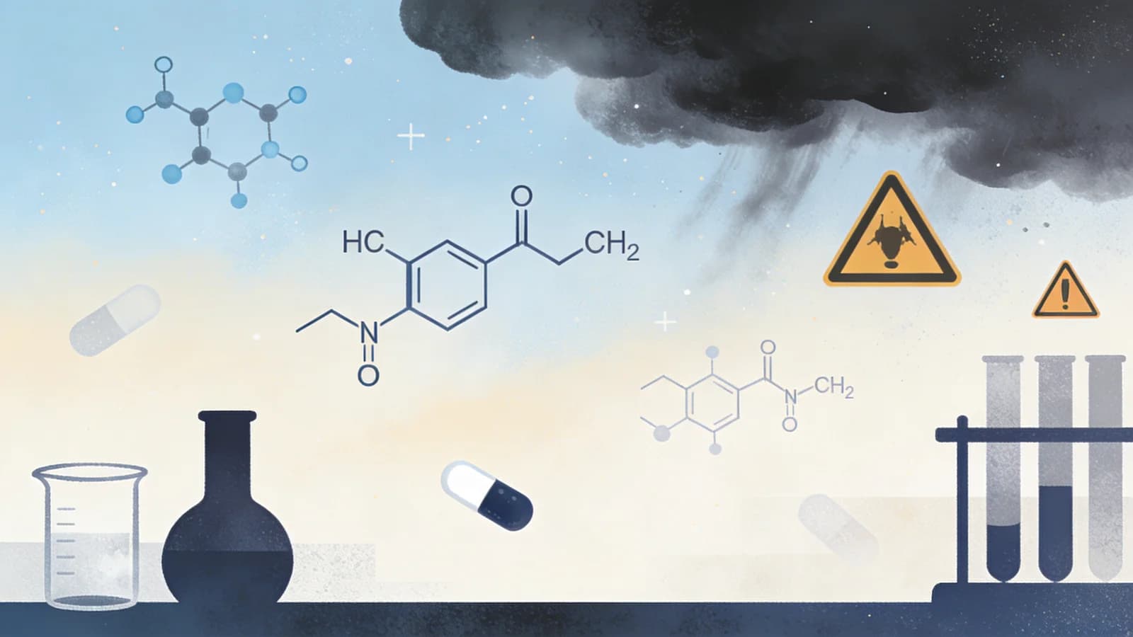Abstract molecular structures representing evolving synthetic drug threats