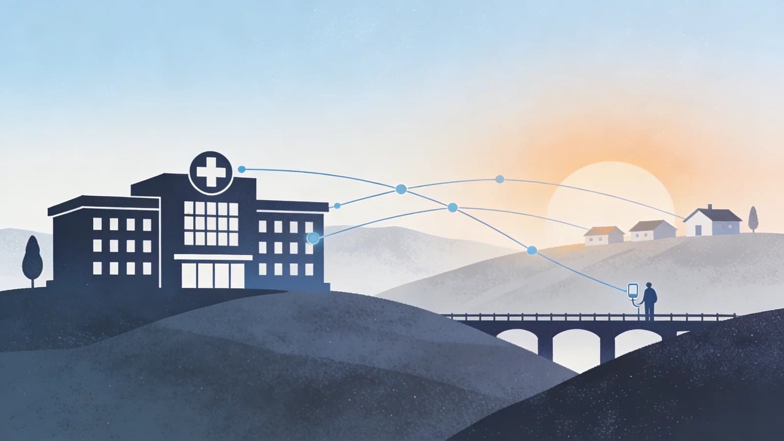 Rural hospital building with telehealth connections extending to distant homes across rolling hills