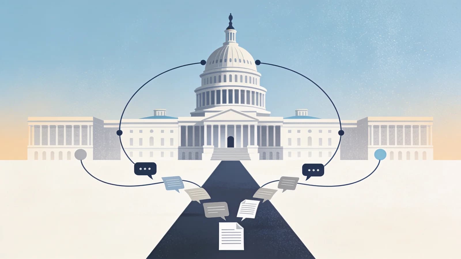 Editorial illustration of an open public comment portal connecting communities to a federal…
