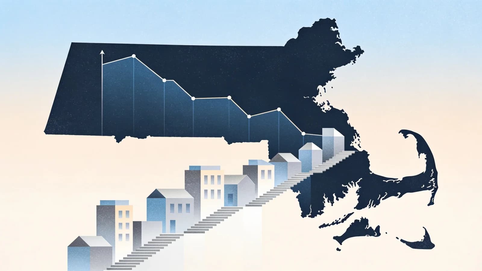 Massachusetts state map with declining trend line, clean editorial illustration showing progress…