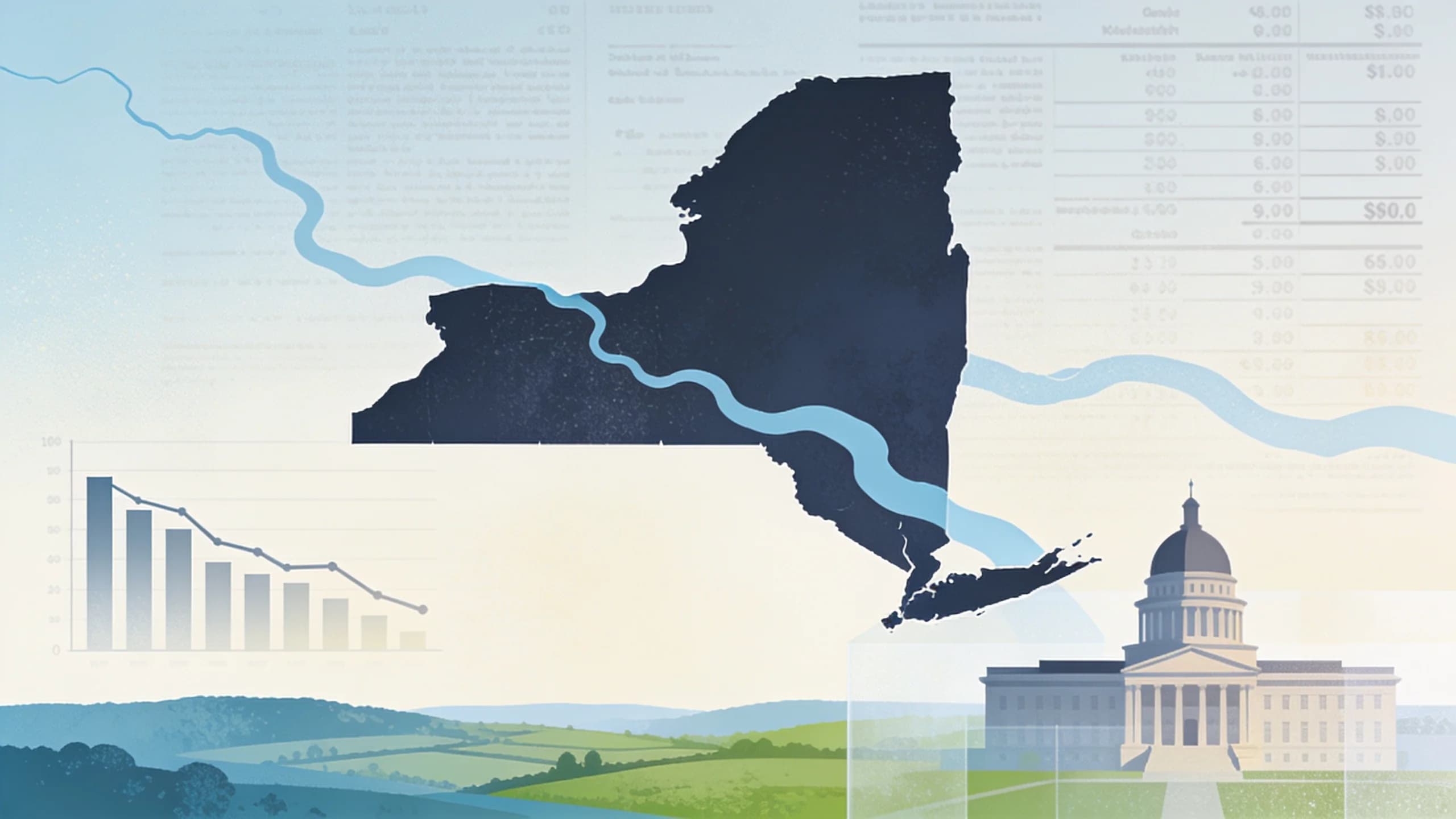 New York county map with transparent financial document overlay showing funding allocation for…