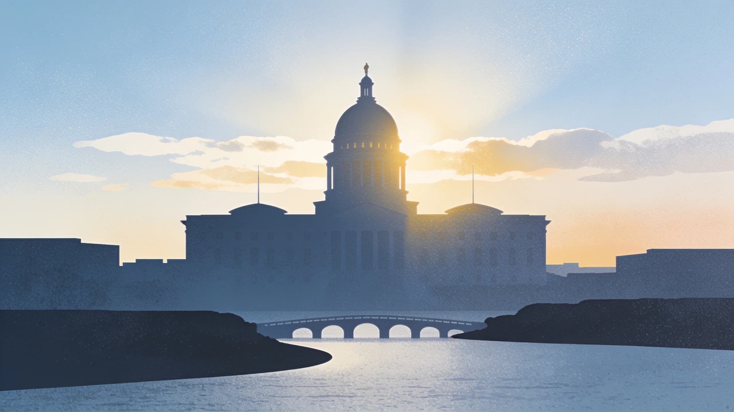 Rhode Island State House with hopeful sunrise, symbolizing overdose decline and recovery progress