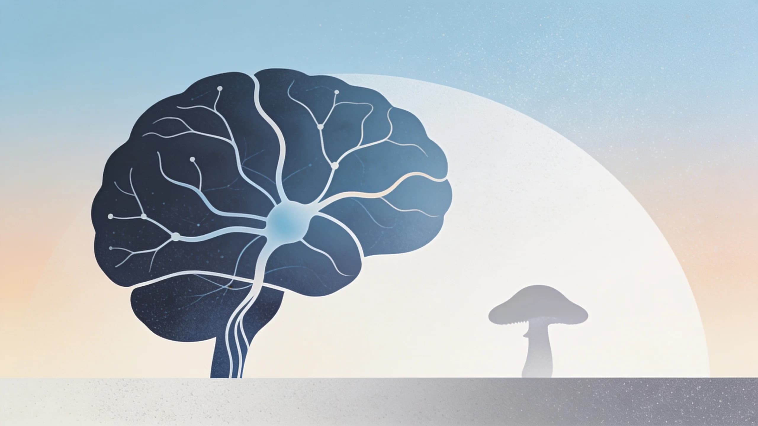 Clean editorial illustration of brain neural pathways with psychedelic therapy concept