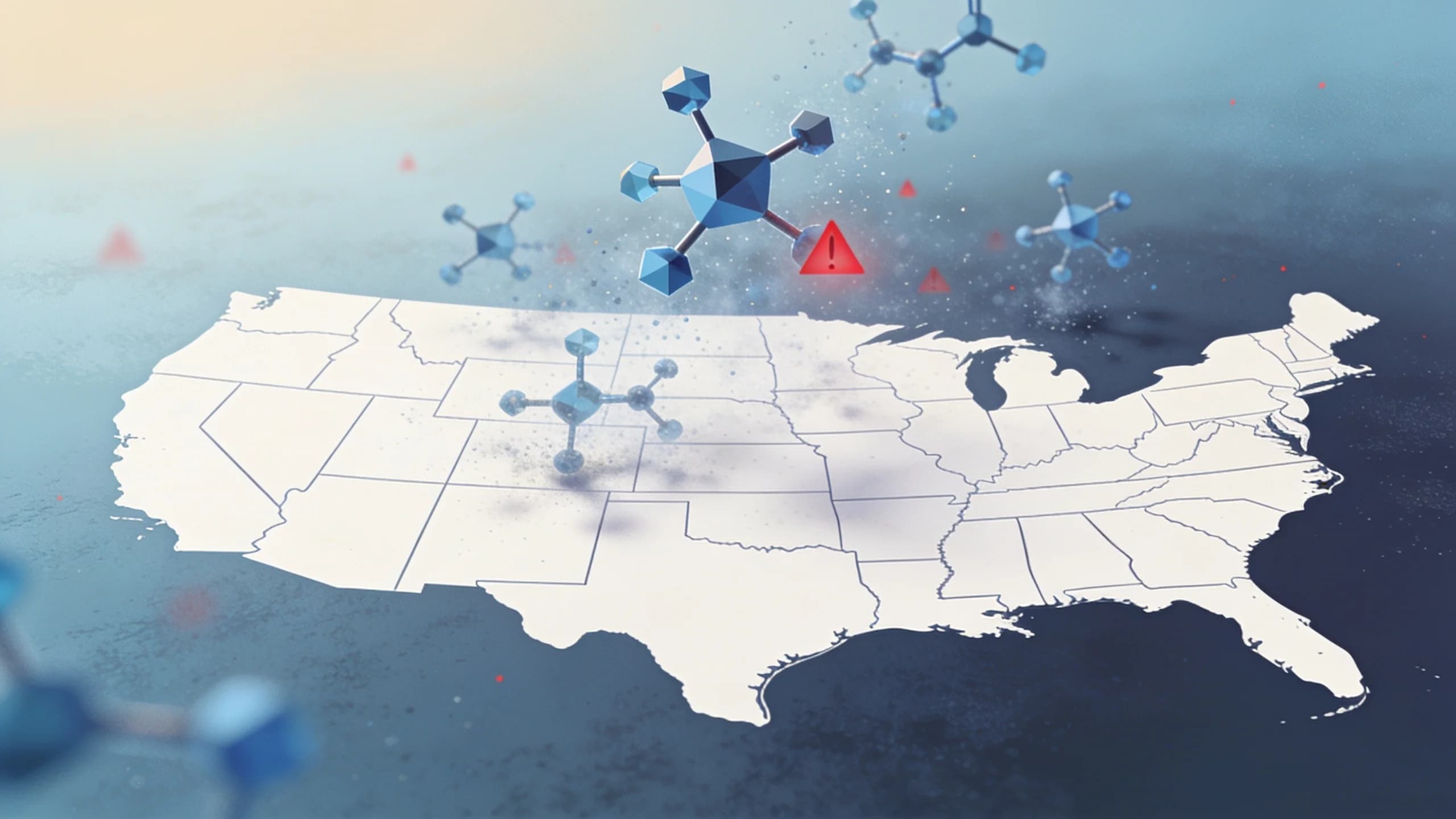 Abstract visualization of synthetic opioid molecules spreading across United States map