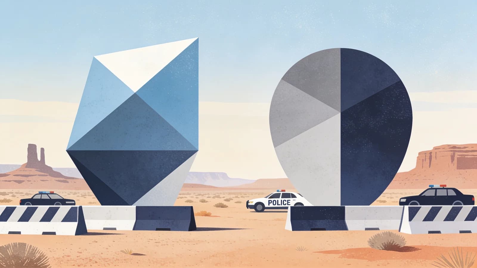 Abstract illustration of law enforcement and opioid crisis with desert landscape elements