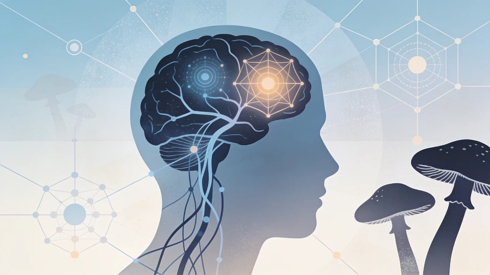 Abstract illustration of brain neural pathways with therapeutic and psychedelic elements