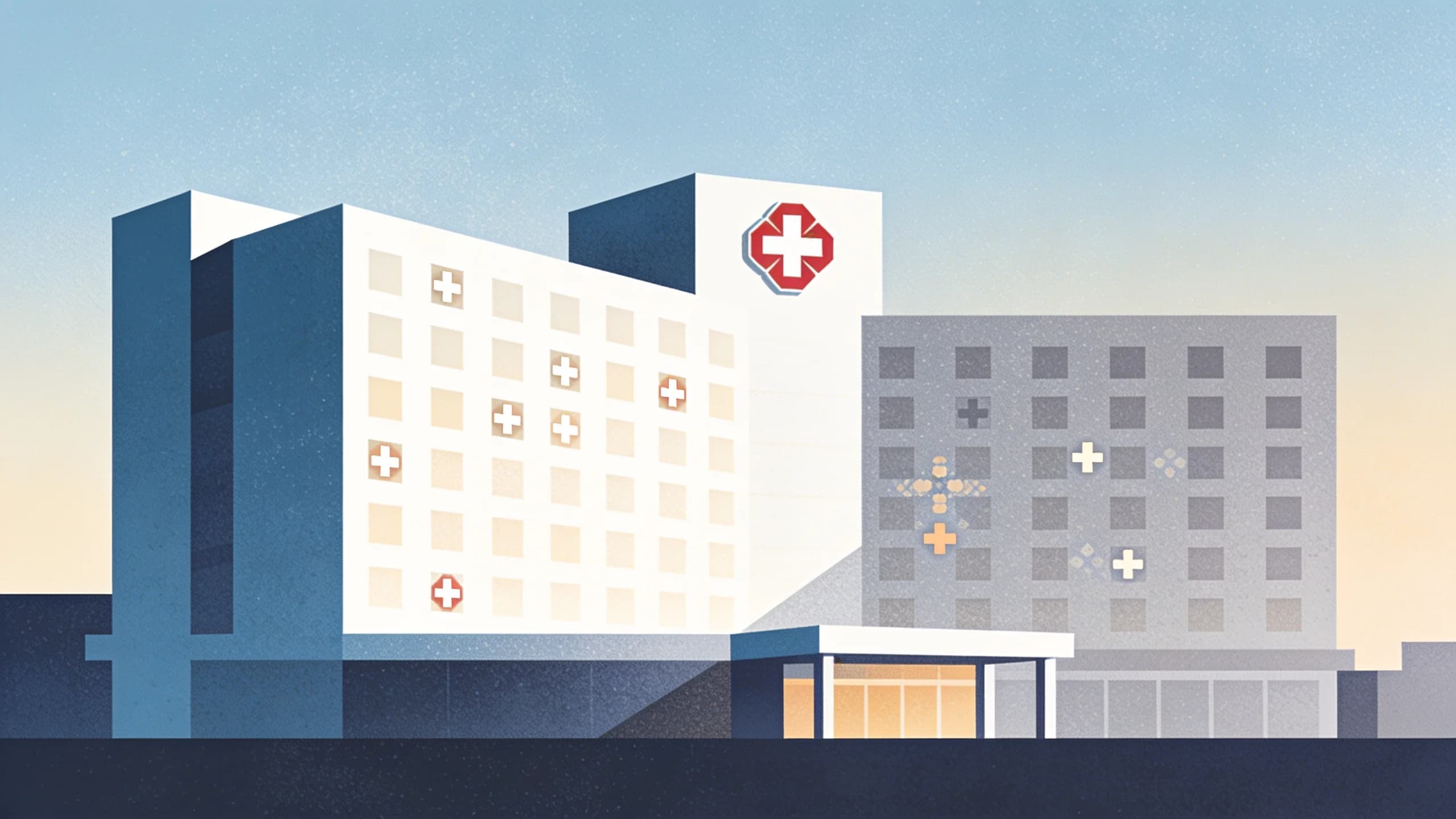 Abstract illustration of a hotel building silhouette with emergency response symbols, representing…