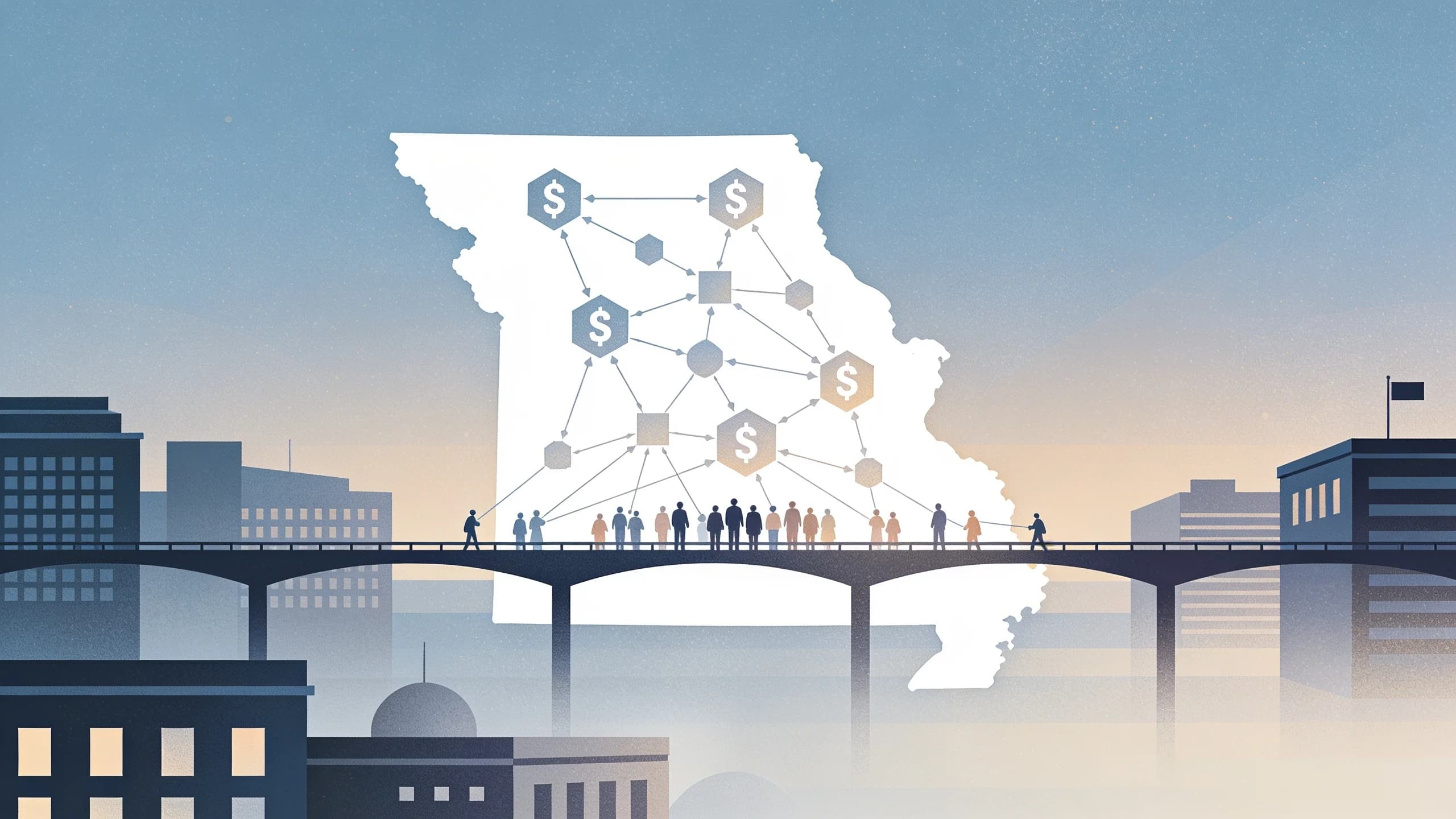 Abstract illustration of Missouri state map with funding flow patterns connecting to community…