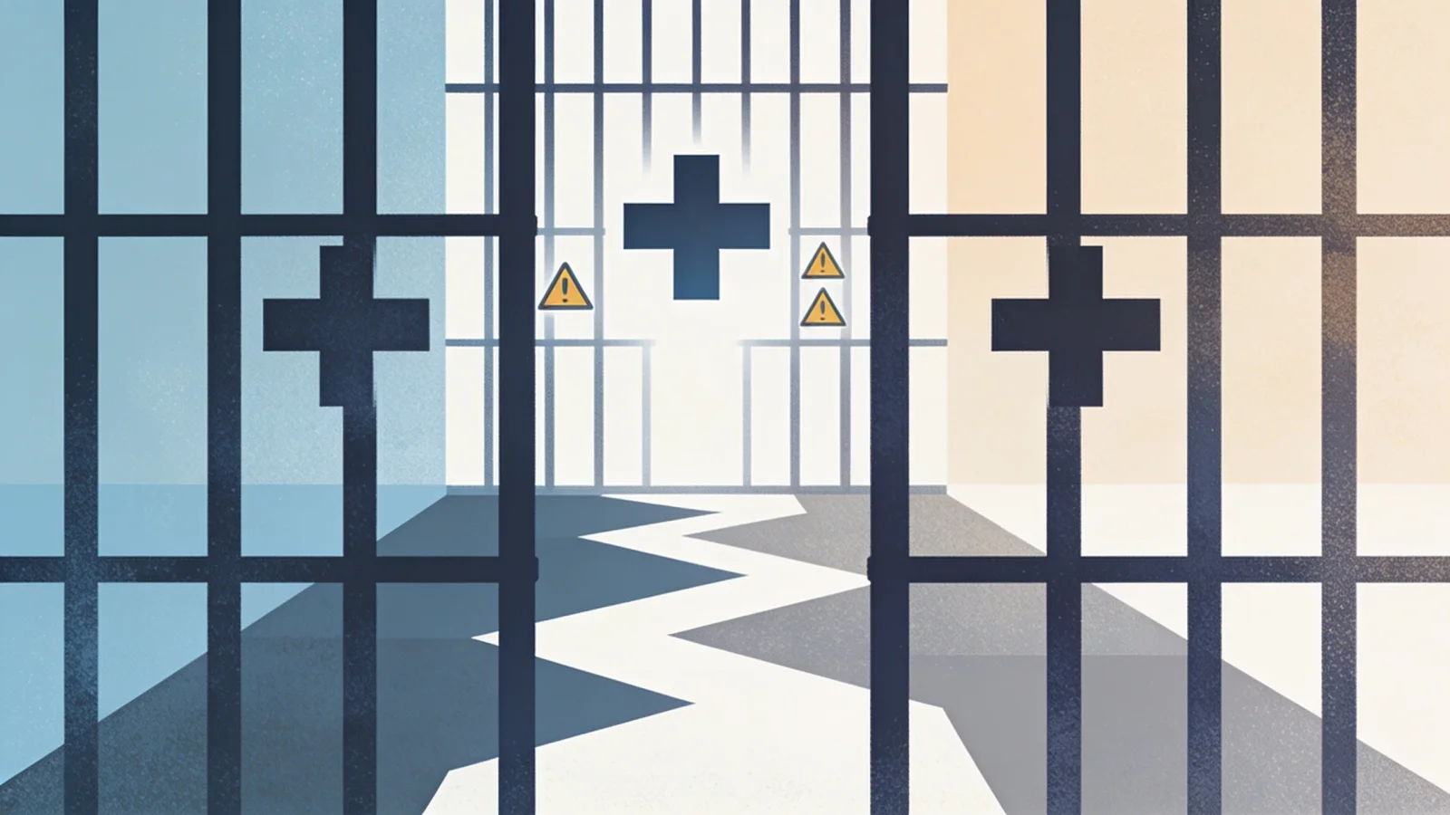 Abstract illustration of prison bars with medical cross symbols and warning indicators