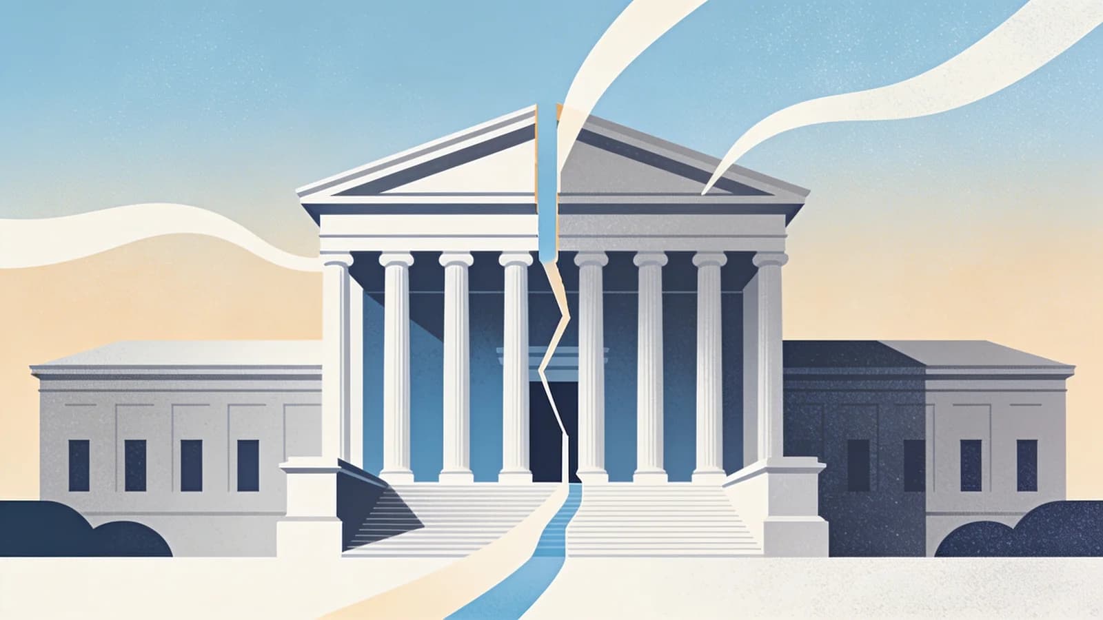 Abstract illustration of government building with funding flow disruption representing federal…