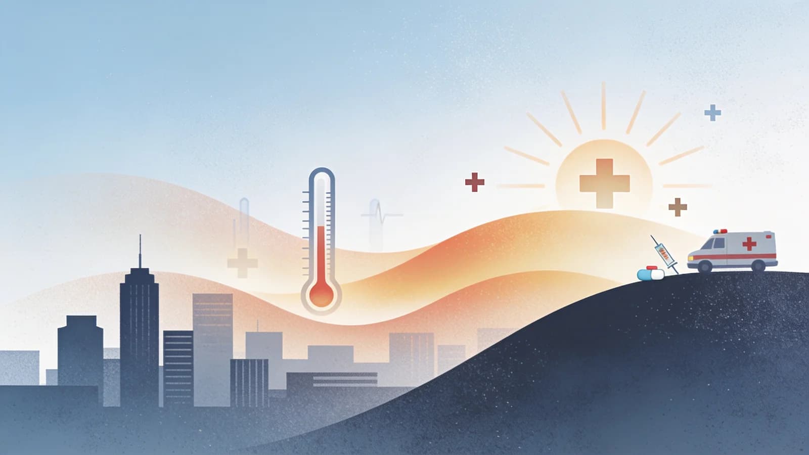 Abstract illustration of heat waves over urban landscape representing climate and health…