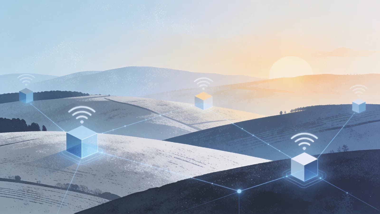 Clean editorial illustration of telehealth connection between rural landscape and digital…