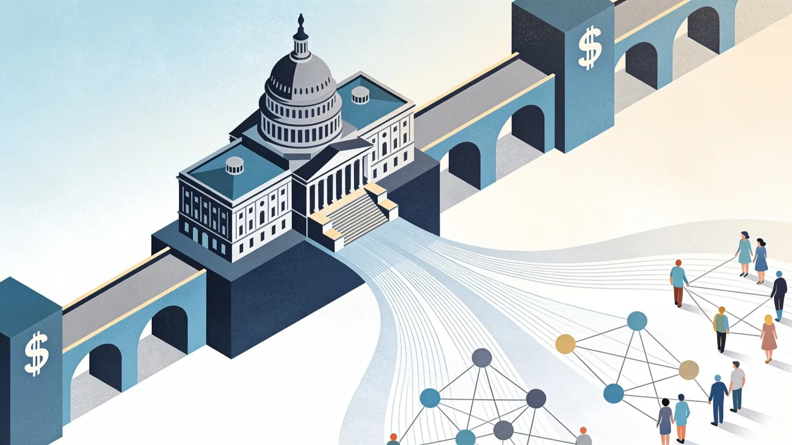 Abstract illustration representing federal funding flowing to communities for addiction treatment…