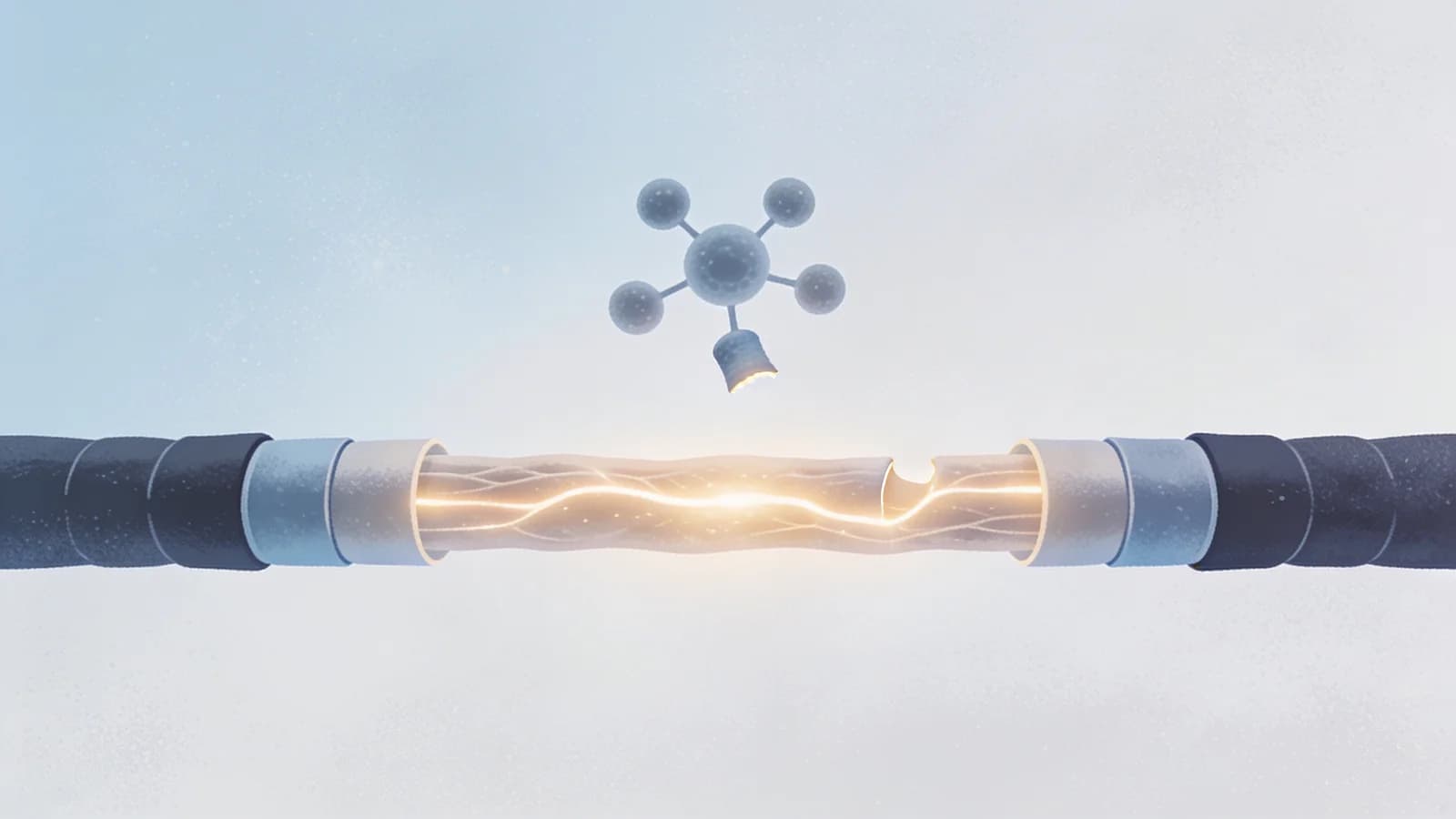 Abstract illustration of insulated neural fibers and interconnected brain pathways in soft blue…